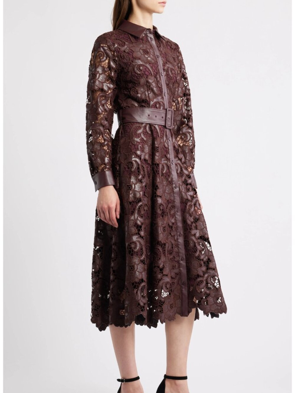 Elie Tahari Chayenne Long Sleeve Faux Leather & Lace Shirtdress - Picture 3 of 12